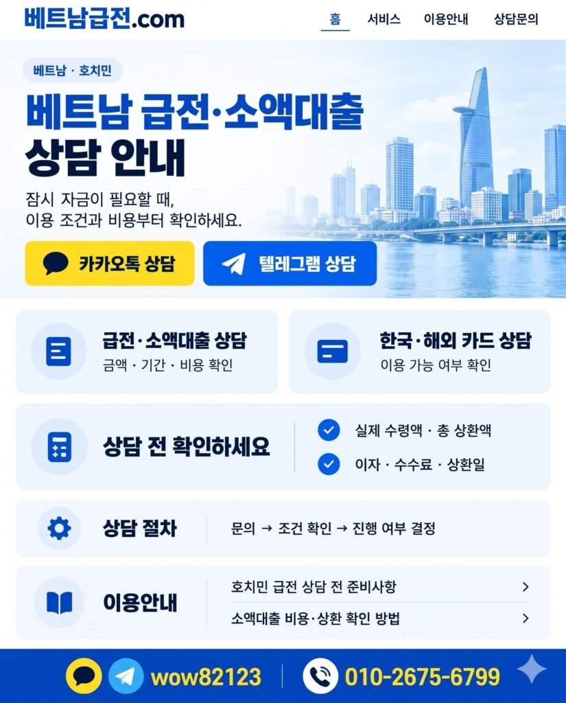 베트남 호치민 급전 및 소액대출, 한국·해외 신용카드 상담 안내, 상담 전 확인사항(실제 수령액, 이자, 수수료) 및 절차 안내 배너 인포그래픽